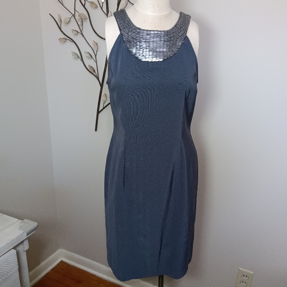 *Stunning! CONNECTED APPAREL Slate Blue Grey Sleeveless Dress Silver Bead Sz 10